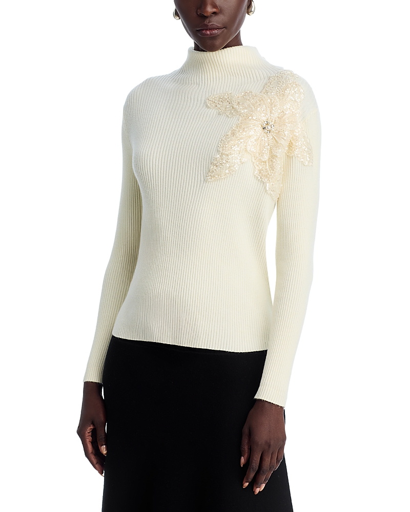 Nancy Yang Beaded Flower Sweater In White
