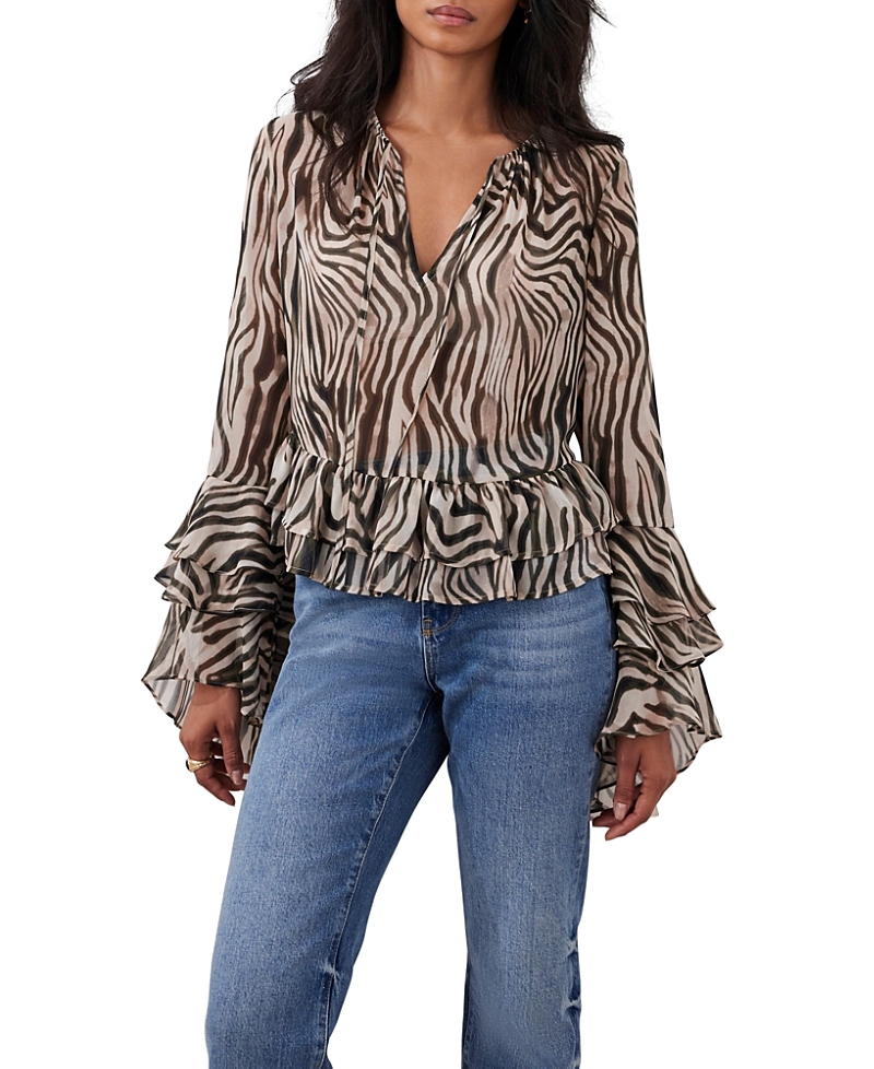 Mint Velvet Zebra Print Ruffle Top In Black