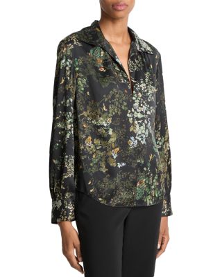 Grape Vine Placed Smocked Silk Blouse  