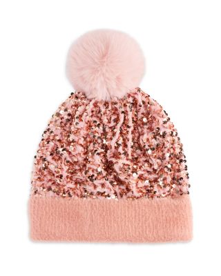 Girls' Knit Sequin Beanie Hat With Faux Fur Pom - Big Kid
