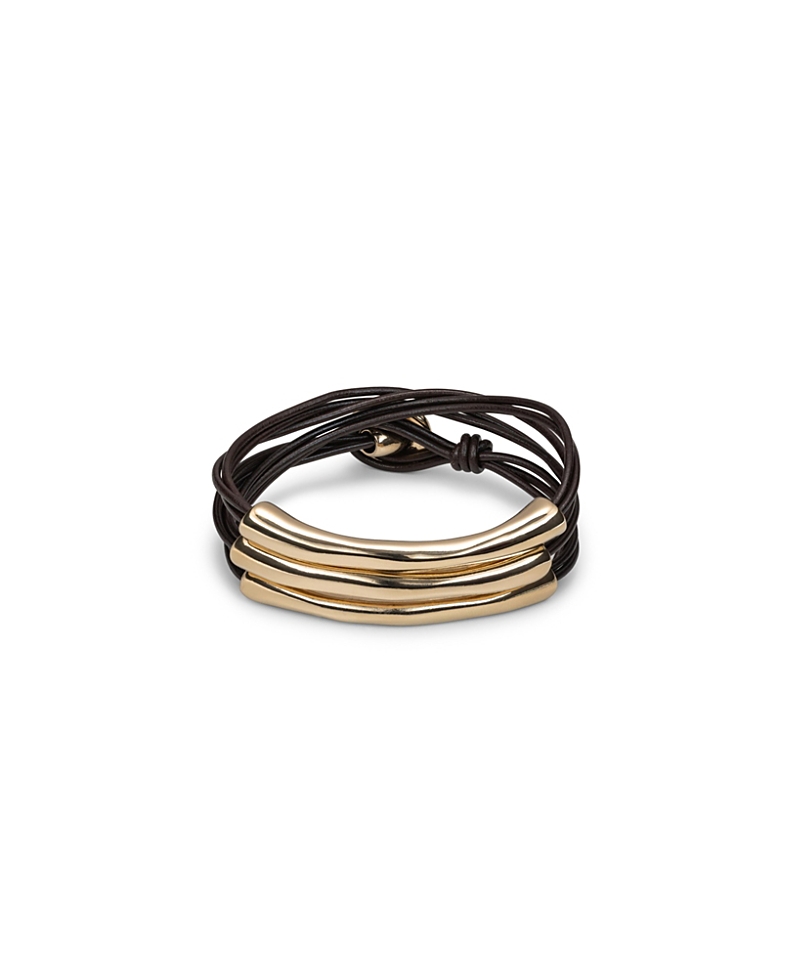Unode50 Leather Bracelet With Three 18k Gold-plated Strands In Blue