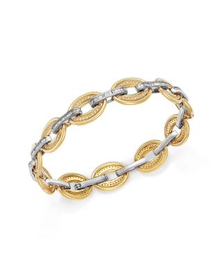 Diamond Round & Baguette Chain Link Bracelet in 14K White & Yellow Gold, 1.25 tcw