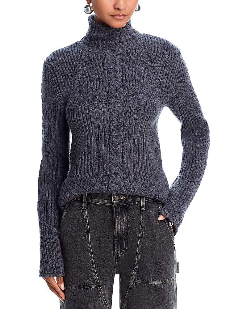 Helmut Lang Zephir Cable Stitch Turtleneck Wool Blend Sweater In Blue