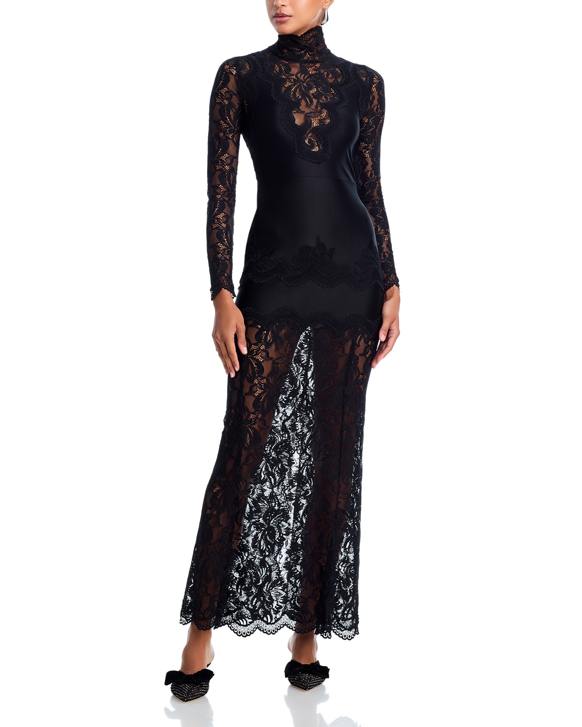 Rabanne Floral Lace Mock Neck Maxi Dress in Black
