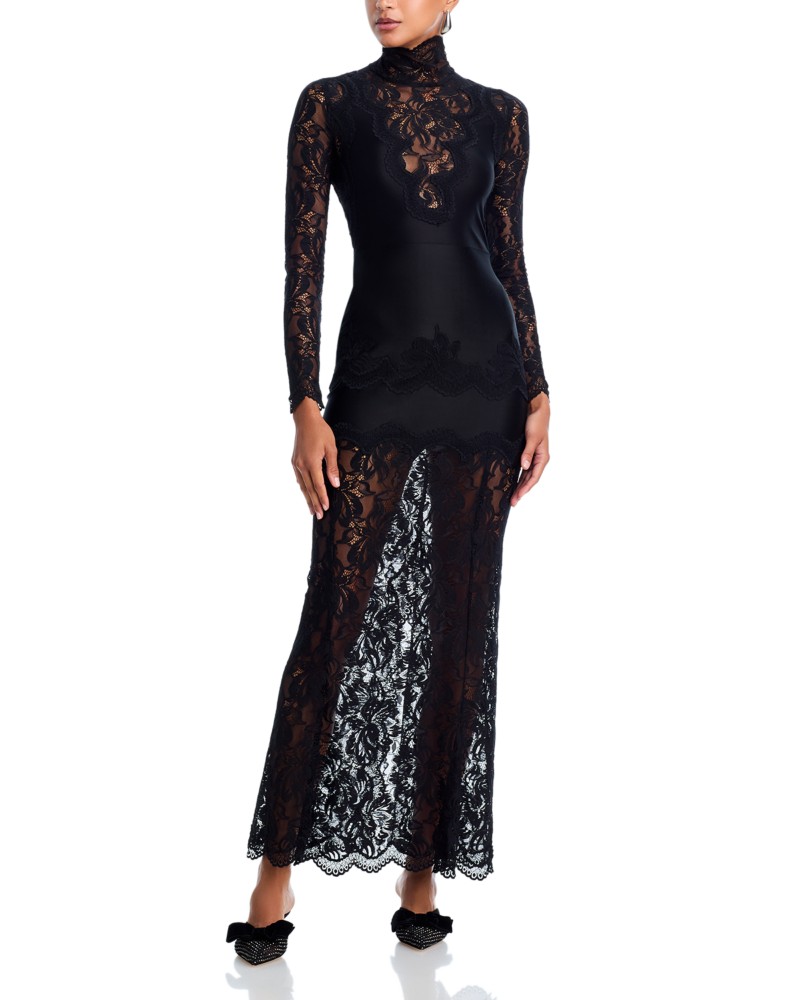 Rabanne Floral Lace Mock Neck Maxi Dress in Black