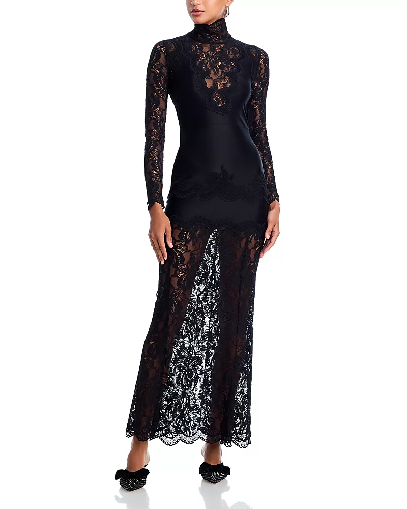 Rabanne Floral Lace Mock Neck Maxi Dress