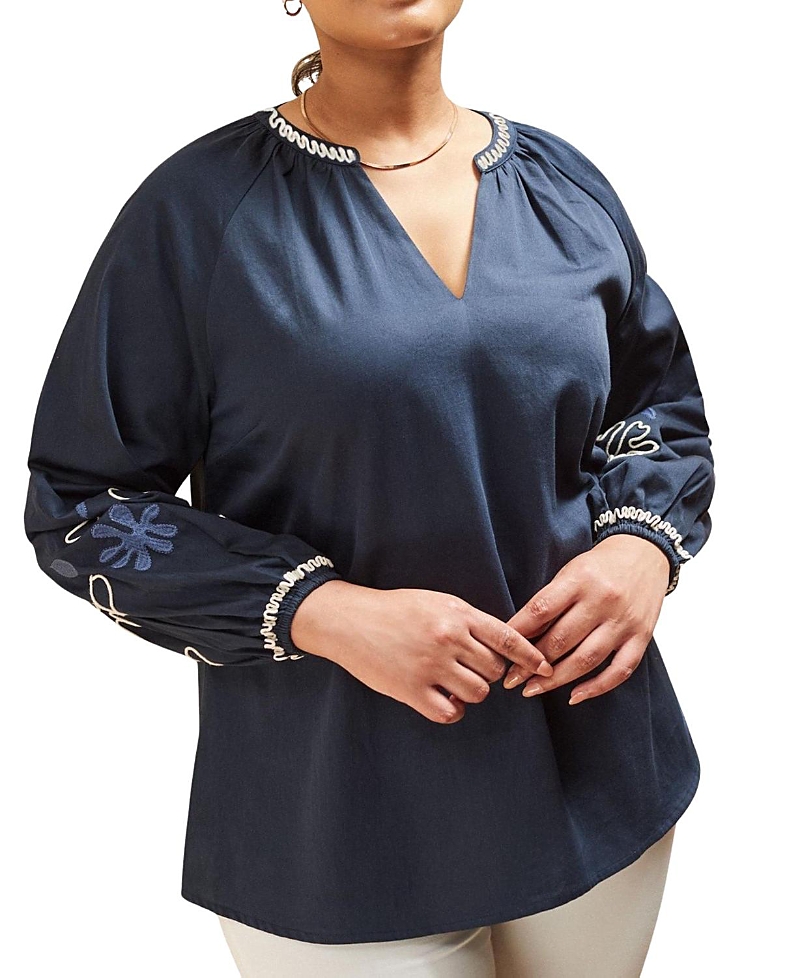 Live Unlimited Long Sleeve Embroidered Blouse In Blue