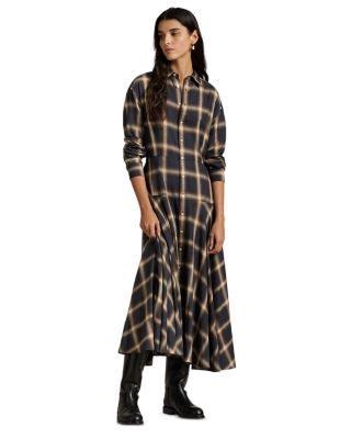 Plaid Twill Paneled Shirtdress