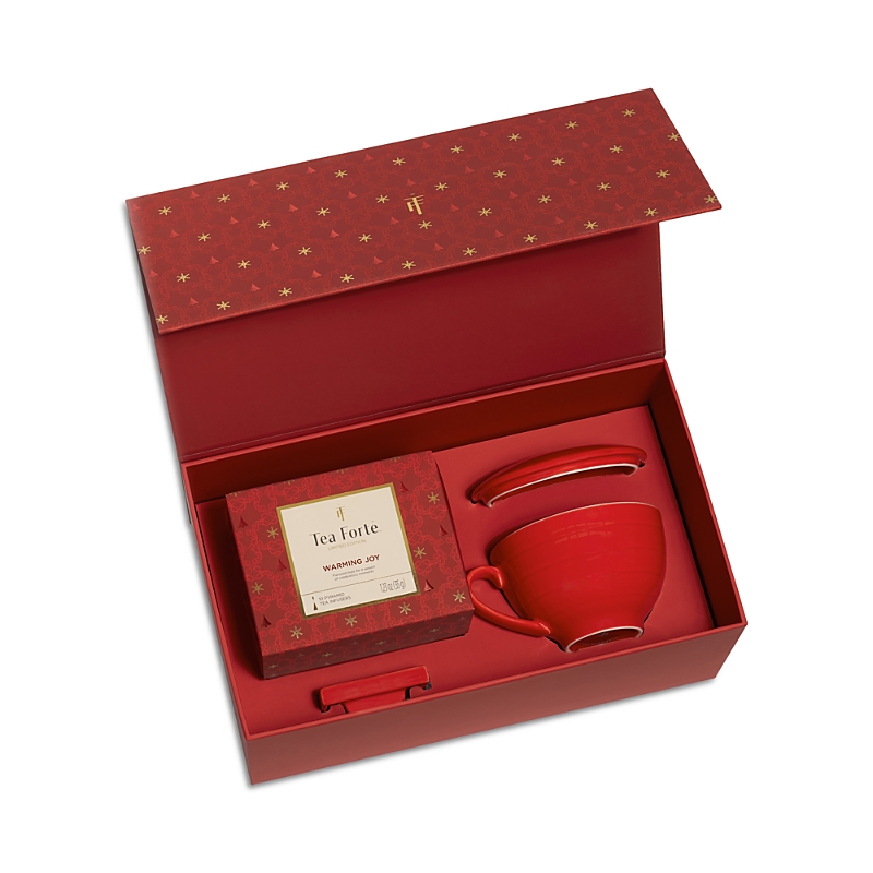 Tea Forte Warming Joy Gift Set, Cafe Cup, Tea Tray And Petite Presentation Box Of 10 Pyramid Infusers In Red