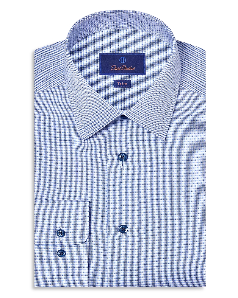 David Donahue Trim Fit Blue Geometric Pattern Cotton Dobby Dress Shirt