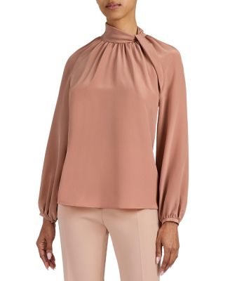 Dakota Silk Mock Neck Blouse with Long Lantern Sleeves
