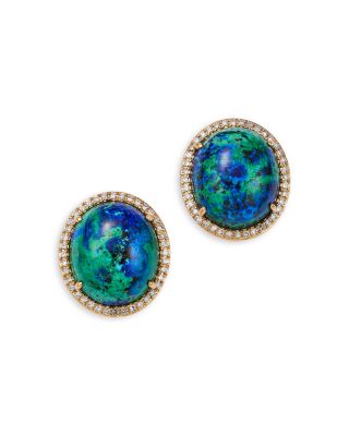Azurite Malachite & Diamond Halo Stud Earrings in 14K Yellow Gold