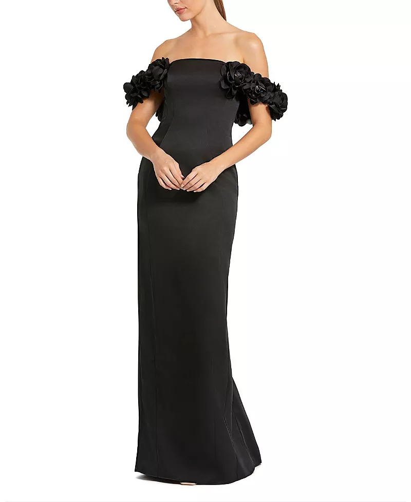 Mac Duggal Satin 3D Flower Off The Shoulder Mermaid Gown