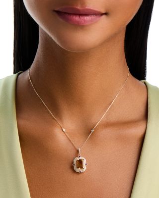 Red Citrine, Ruby & Diamond Halo Pendant Necklace in 14K Yellow Gold, 18"