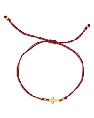 14K Yellow Gold Midi Bitty Symbols Cross Red Cord Slider Bracelet