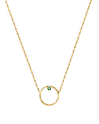 14K Yellow Gold Emerald Gemstones Emerald in Circle Pendant Necklace, 16-18"