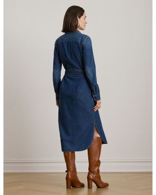 Horsebit Trim Belted Denim Shirtdress