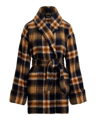 Plaid Wool Blend Shawl Collar Wrap Coat