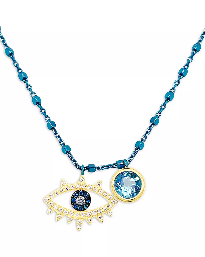 Meira T Blue & White Diamond Evil Eye Blue Chain Necklace, 16