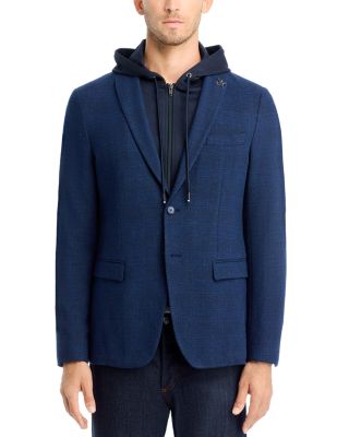 Tonal Plaid Jersey Sport Coat with Removable Hood