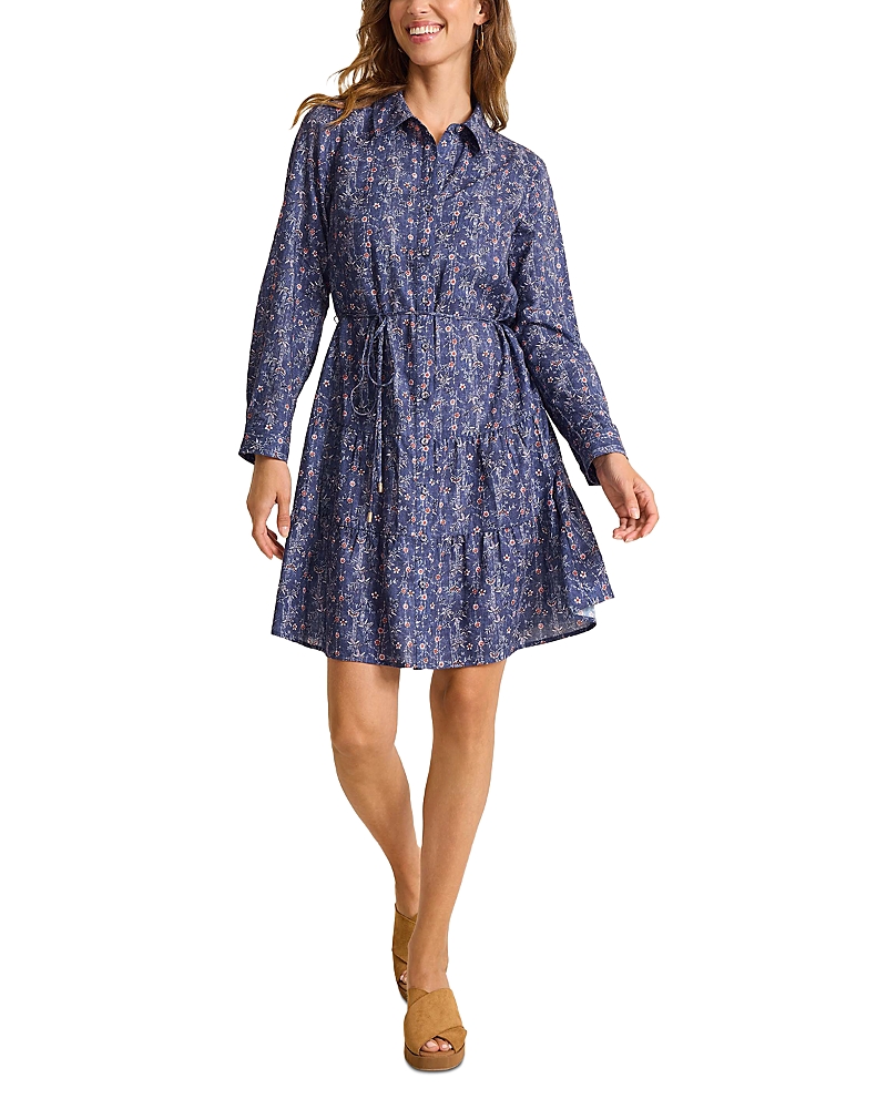 Tommy Bahama Blue Sea Flora Long Sleeve Cotton Shirtdress In Blue