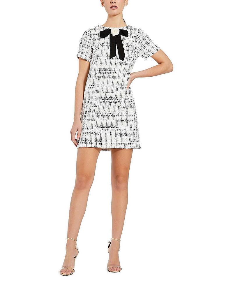 Mac Duggal Short Sleeve High Neck Boucle Mini Dress