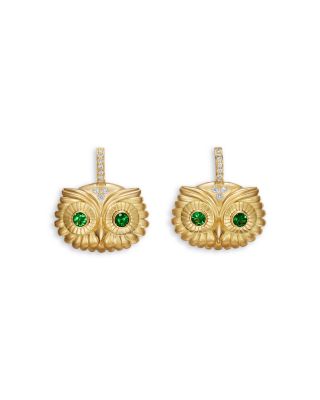 18K Yellow Gold FJ Tsavorite &amp; Diamond Athena&#39;s Owl Earrings
