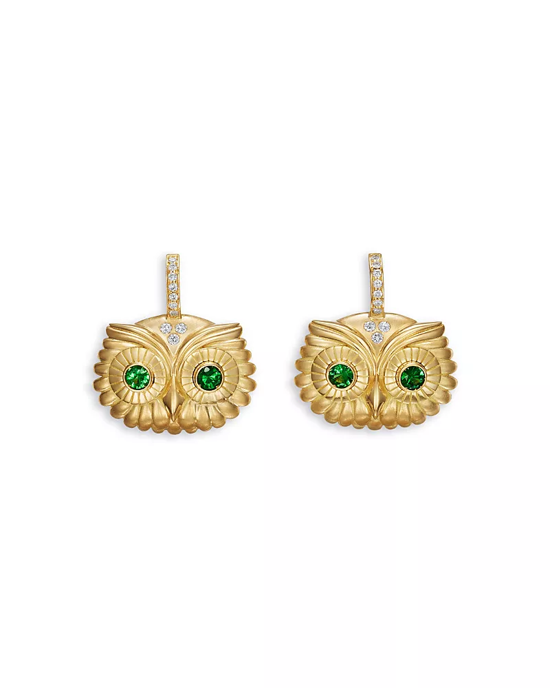 Temple St. Clair 18K Yellow Gold Fj Tsavorite & Diamond Athena's Owl Earrings