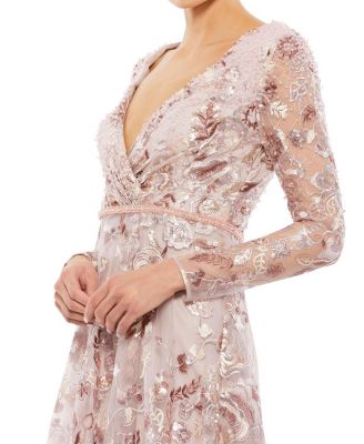 Embellished V Neck Illusion Long Sleeve A Line Gown