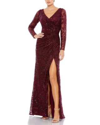 Long Sleeve Ruched Sequined V-Neck Gown
