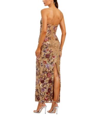  Floral Sequin Strapless Column Ankle Dress