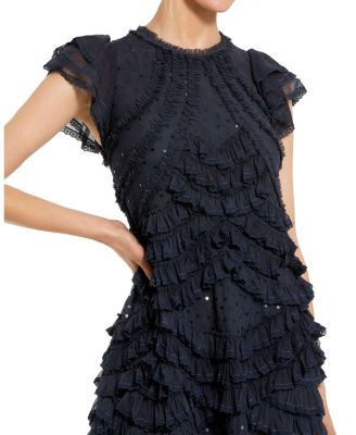 High Neck Ruffle Mesh Midi Dress