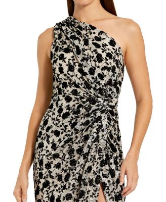 Floral Sequin One Shoulder Column Gown With Slit