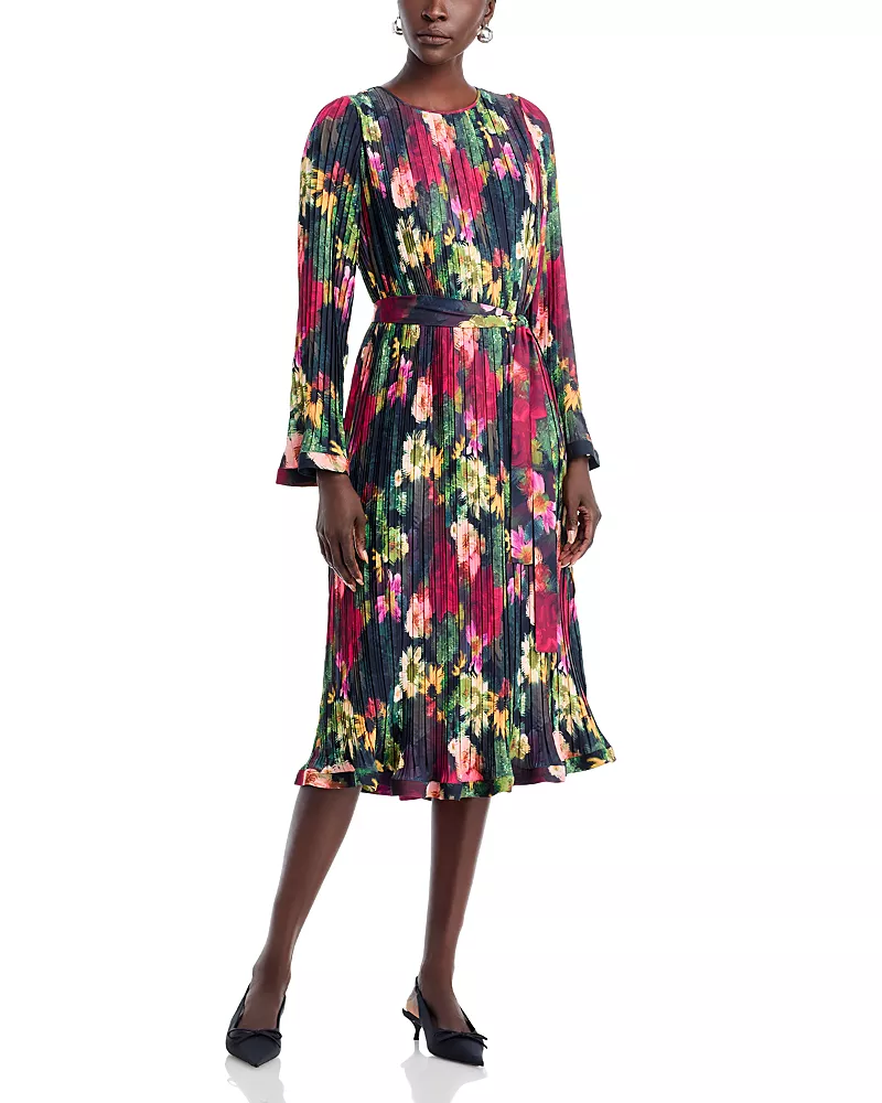 T Tahari Round Neck Novelty Pleated Dress