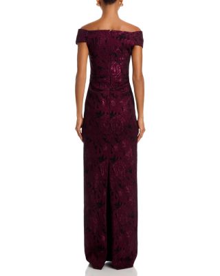 Floral Stretch Jacquard Off-the-Shoulder Ruched Gown