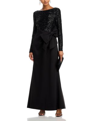 Long Sleeved Boat Neck Combo Bow Mermaid Gown