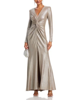 Long Sleeved V Neck Twist Waist Mermaid Gown