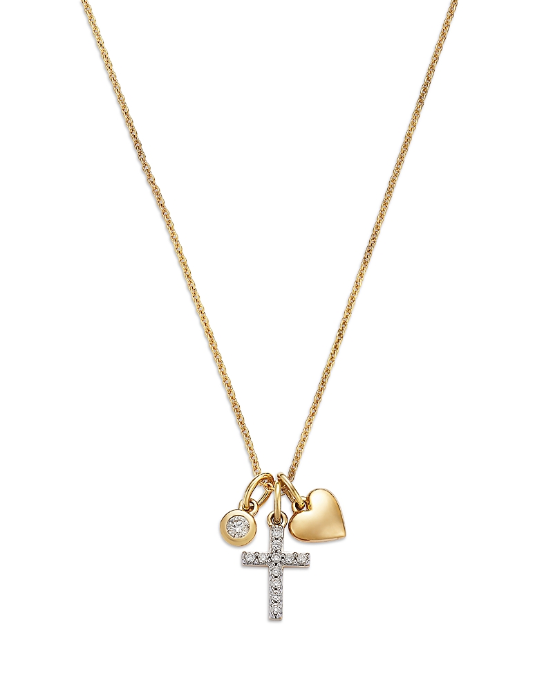 Bloomingdale's Fine Collection Cross, Heart And Diamond Charm Necklace In 14k Yellow Gold, 0.15 Tcw In Gold