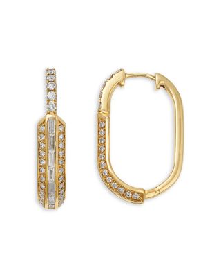 Diamond Round & Baguette Oval Hoop Earrings in 14K Yellow Gold, 1.25 tcw