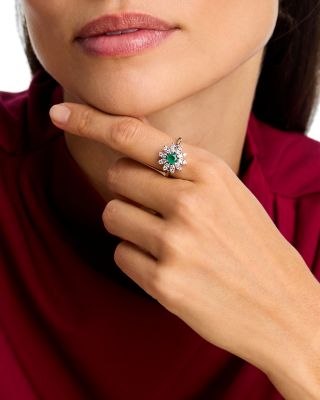 Emerald & Diamond Flower Ring in 14K White Gold