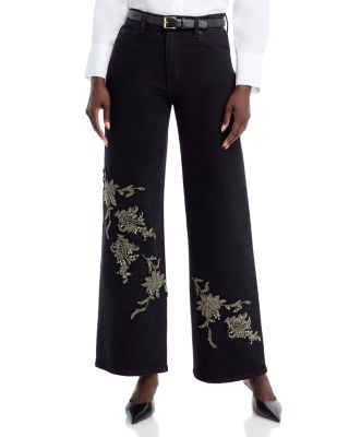Lyla Beaded Floral Wide Leg Jeans in Black