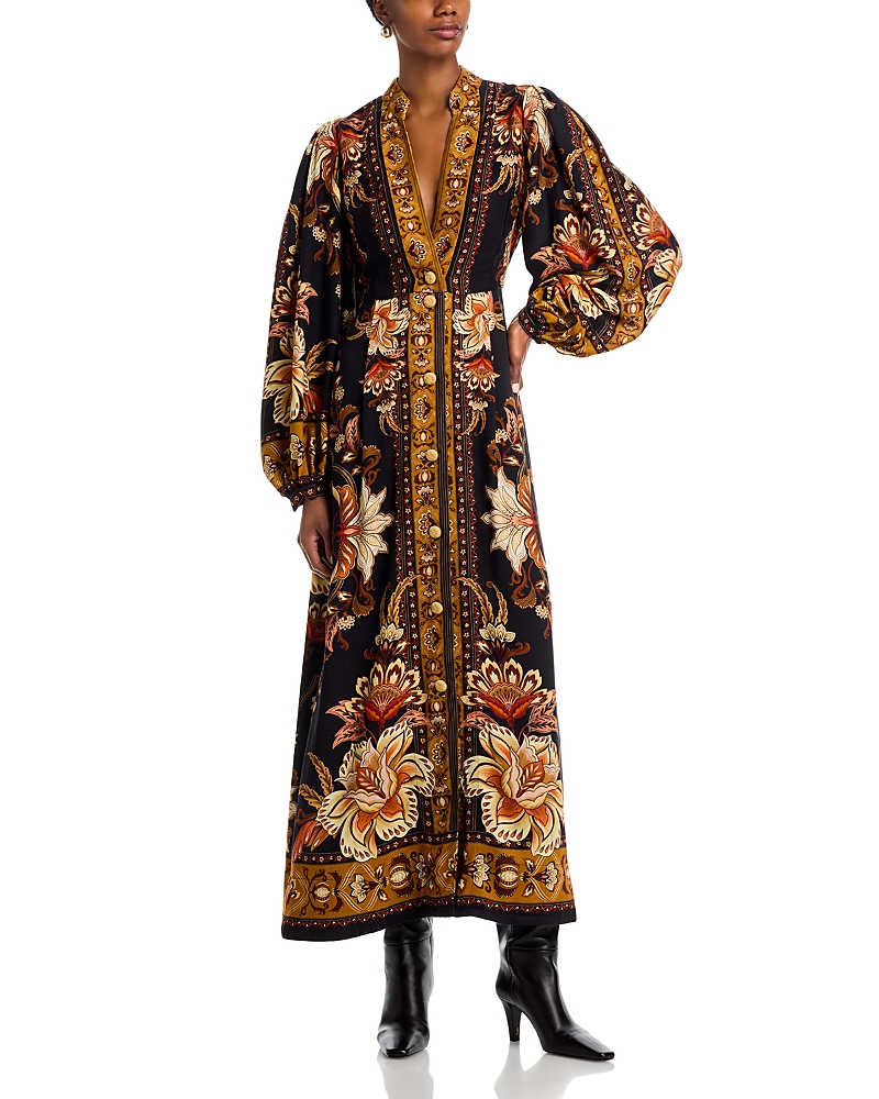 Farm Rio Black Majestic Garden Buttoned Puff Sleeve Maxi Dress In Brown