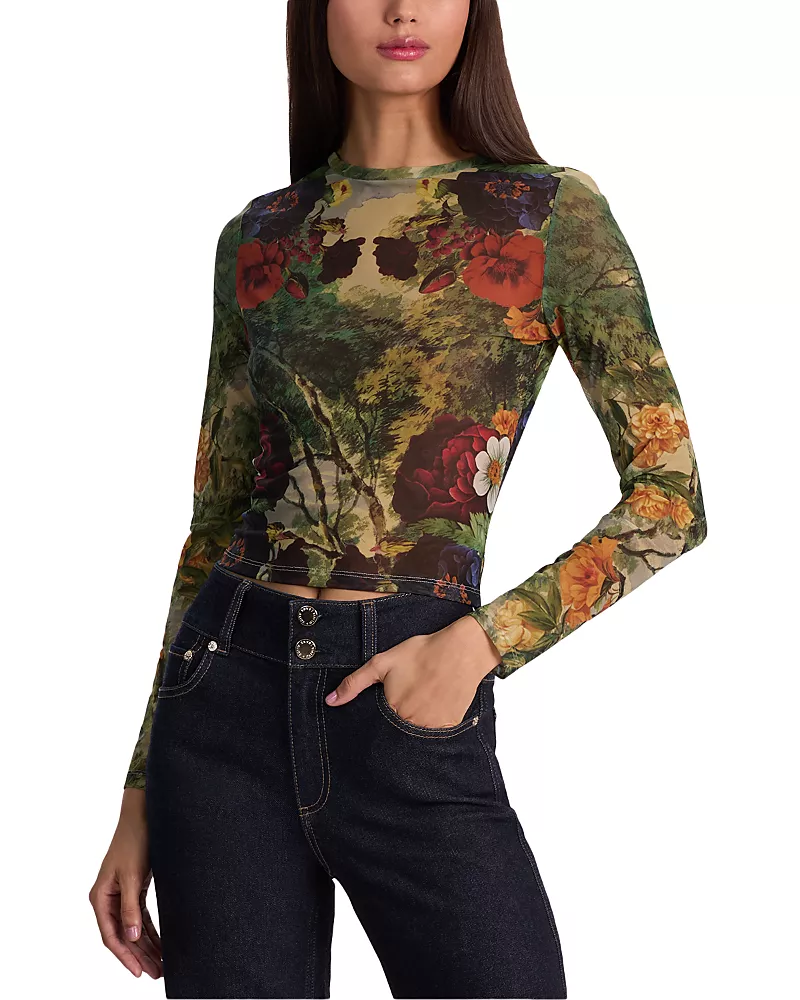 Alice and Olivia Delaina Printed Mesh Long Sleeve Top