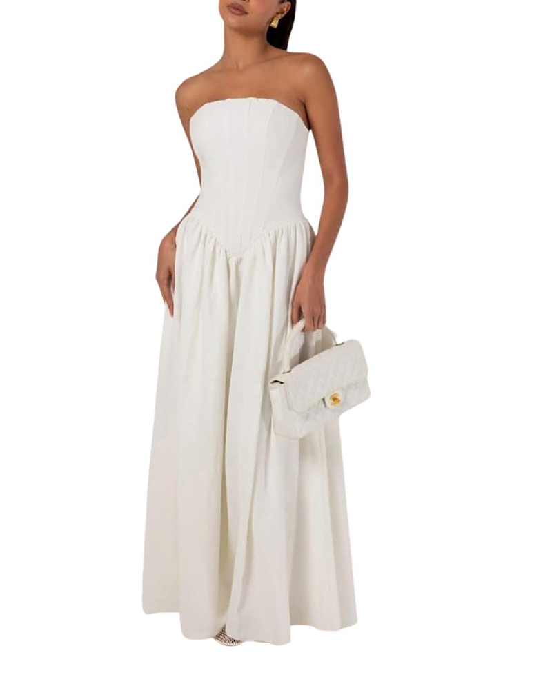 Heiress Beverly Hills Strapless Corset Crepe Flare Maxi Dress In White