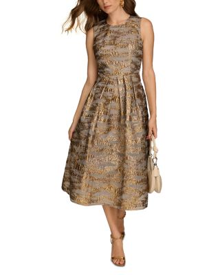 Brocade Midi A Line Dress With Illusion Neckline