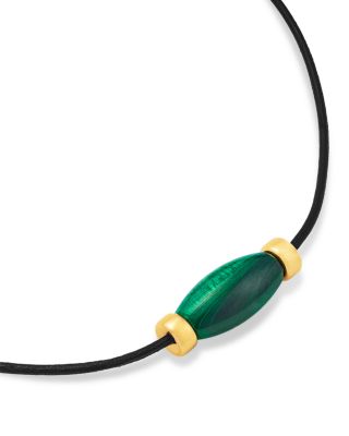 14K Yellow Gold Malachite Black Leather Cord Collar Necklace, 16"