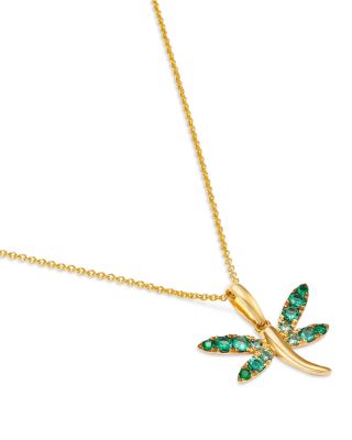 Emerald Ombre Dragonfly Pendant Necklace in 14K Yellow Gold, 20"