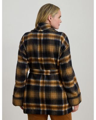 Plaid Wool Blend Shawl Collar Wrap Coat