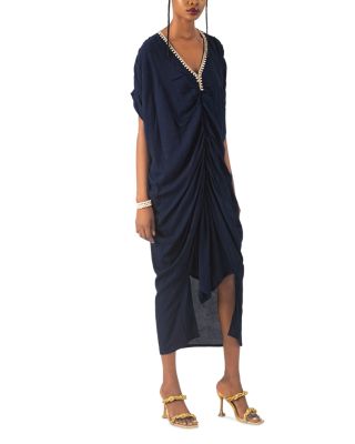 Olami Pearl Trim Asymmetric Midi Dress