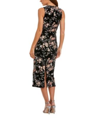  Embroidered Velvet High Neck Sleeveless Midi Dress